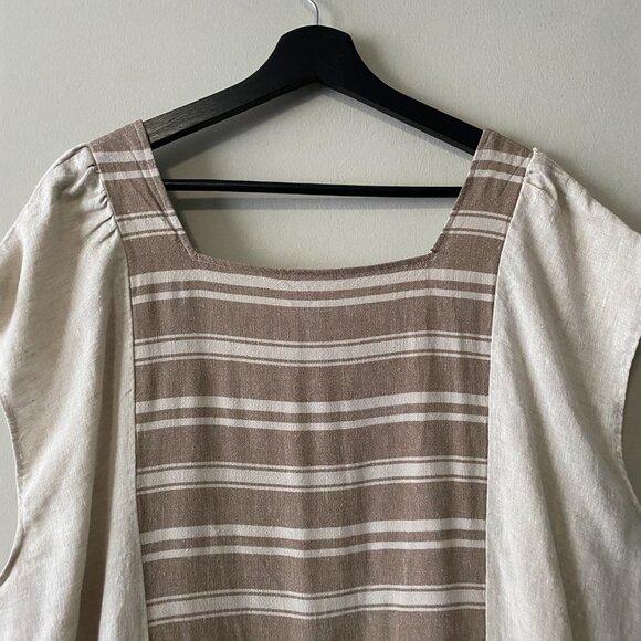 Handmade Plus Size Cotton Linen Patch Pockets Neutrals Brown Stripes Dress - Picture 5 of 15